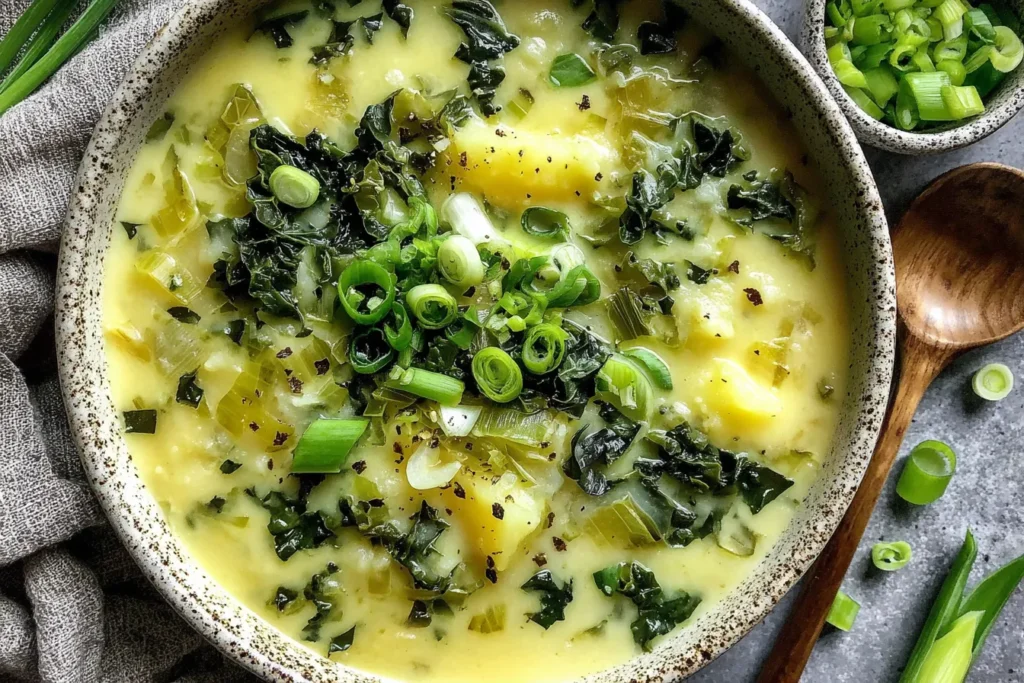 Colcannon Soup Flavorful and Comforting Recipe in a speckled ceramic bowl garnished with sliced green onions and chunks of creamy potatoes