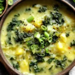 Colcannon Soup Flavorful and Comforting Recipe served in a rustic brown bowl topped with green onions, kale, cabbage, and tender potato chunks