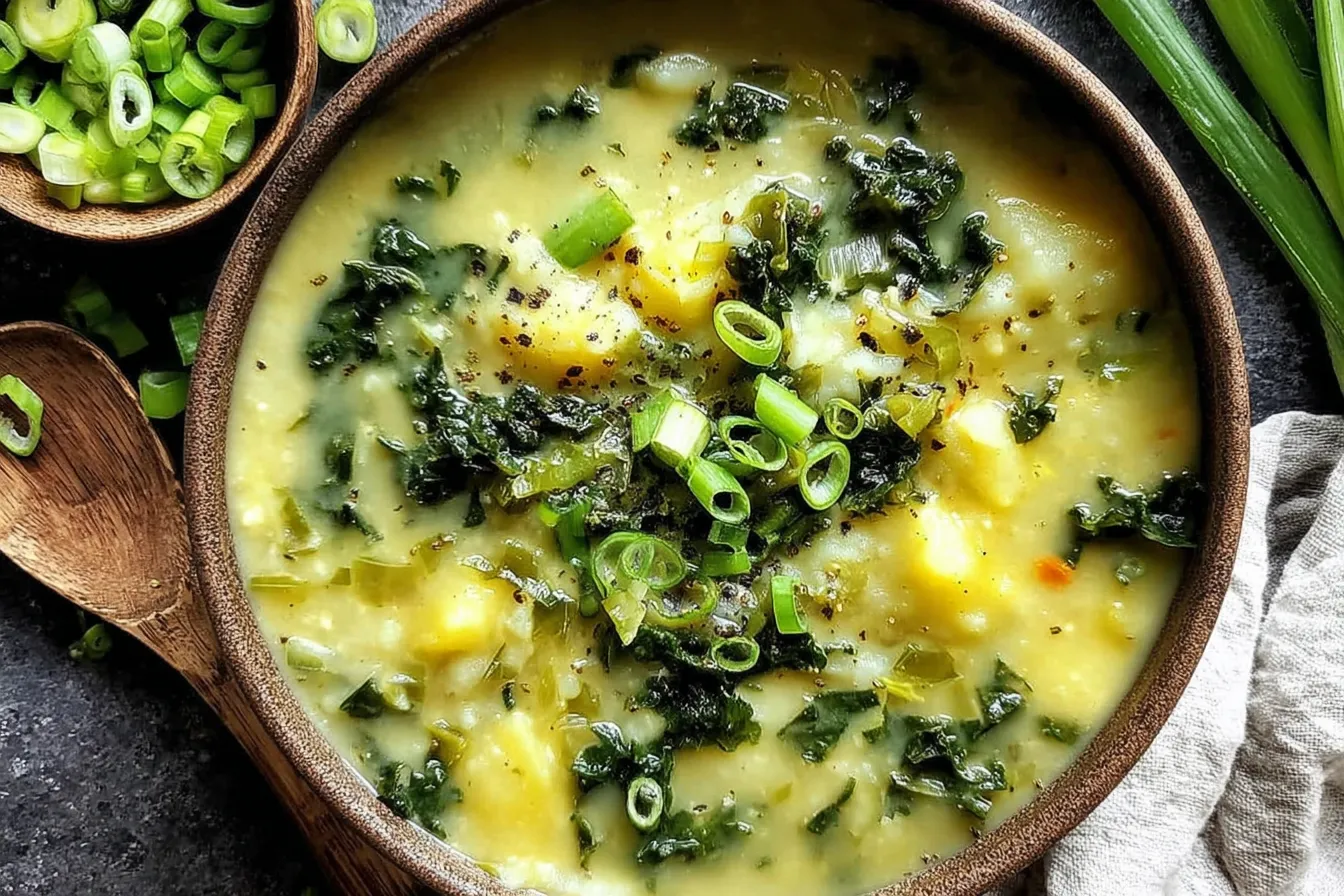 Colcannon Soup Flavorful and Comforting Recipe served in a rustic brown bowl topped with green onions, kale, cabbage, and tender potato chunks
