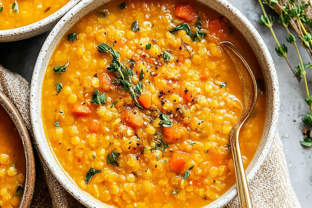Cozy Anti-Inflammatory Lentil Soup with turmeric, carrots, and fresh herbs in a rustic bowl
