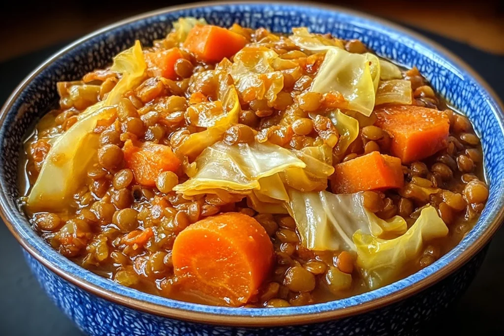 Slow Cooker Cabbage & Lentils stew in a blue bowl with tender cabbage leaves, carrots, and hearty lentils in a rich, savory sauce.