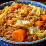 Slow Cooker Cabbage & Lentils stew in a blue bowl with tender cabbage leaves, carrots, and hearty lentils in a rich, savory sauce.