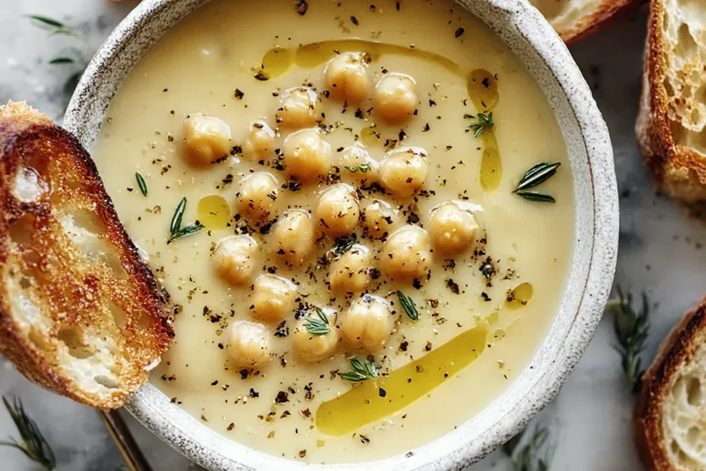 Creamy Garlic Chickpea Soup topped with whole chickpeas, cracked pepper, fresh herbs, and a drizzle of olive oil, served with toasted crusty bread.