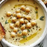 Creamy Garlic Chickpea Soup topped with whole chickpeas, cracked pepper, fresh herbs, and a drizzle of olive oil, served with toasted crusty bread.