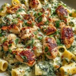 Creamy Pesto Chicken Pasta bake with rigatoni, seared chicken bites, spinach pesto cream sauce, and Parmesan in a white bowl.