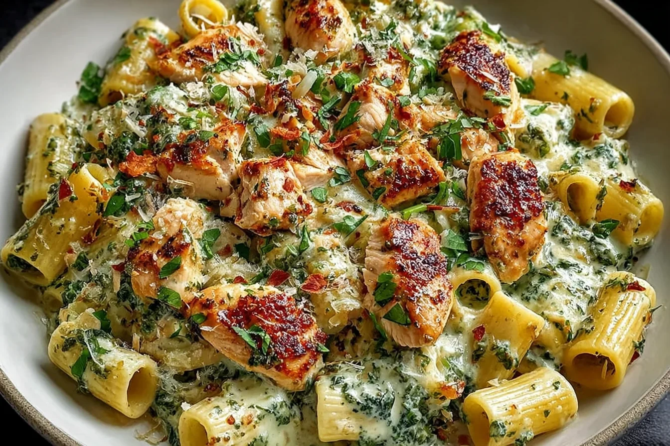 Creamy Pesto Chicken Pasta bake with rigatoni, seared chicken bites, spinach pesto cream sauce, and Parmesan in a white bowl.