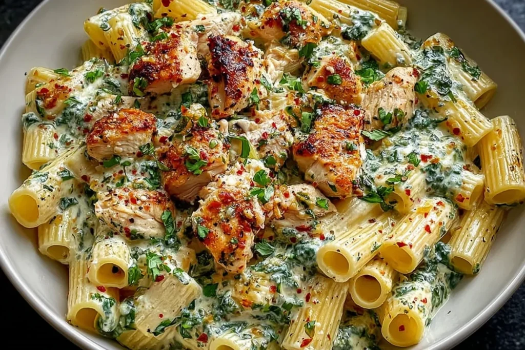Creamy Pesto Chicken Pasta with rigatoni, browned chicken pieces, spinach-studded creamy pesto sauce, Parmesan, and red pepper flakes in a bowl.