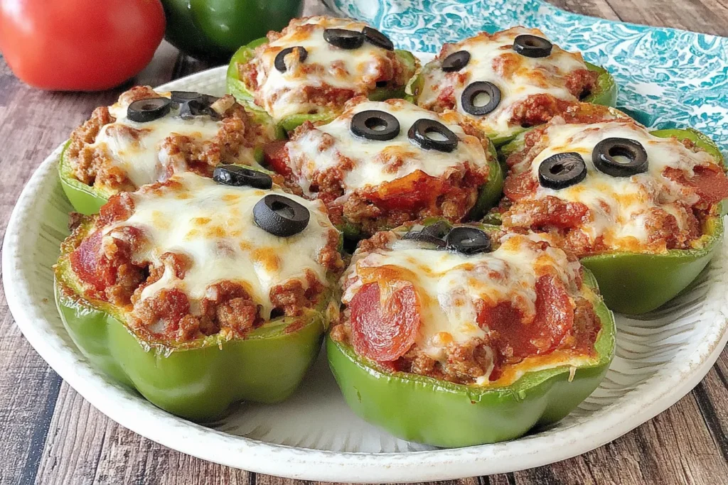 Creamy Pizza Stuffed Bell Peppers topped with mozzarella, pepperoni, and black olives on a white serving platter