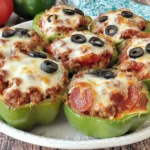 Creamy Pizza Stuffed Bell Peppers topped with mozzarella, pepperoni, and black olives on a white serving platter