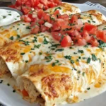 Creamy Queso Chicken Enchiladas served with sour cream and fresh tomato topping