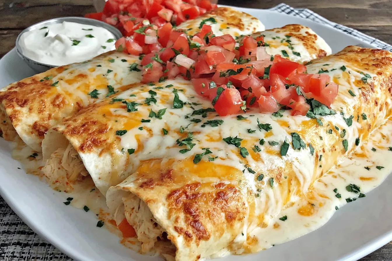 Creamy Queso Chicken Enchiladas served with sour cream and fresh tomato topping