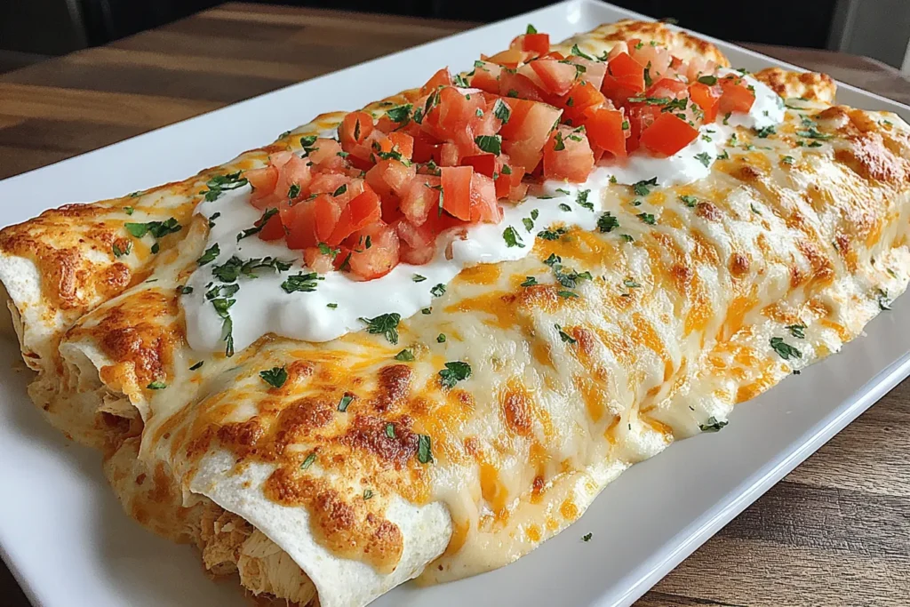 Creamy Queso Chicken Enchiladas baked until golden and topped with sour cream and fresh tomatoes