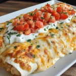 Creamy Queso Chicken Enchiladas baked until golden and topped with sour cream and fresh tomatoes