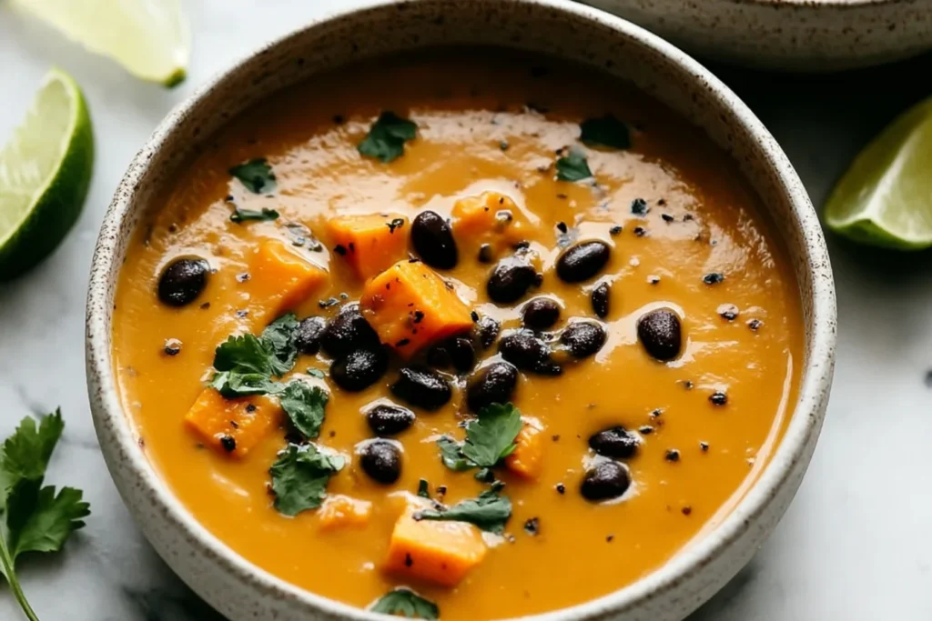 Sweet Potato & Black Bean Soup in a speckled ceramic bowl, creamy and thick with sweet potato cubes, black beans, cilantro, and lime wedges.