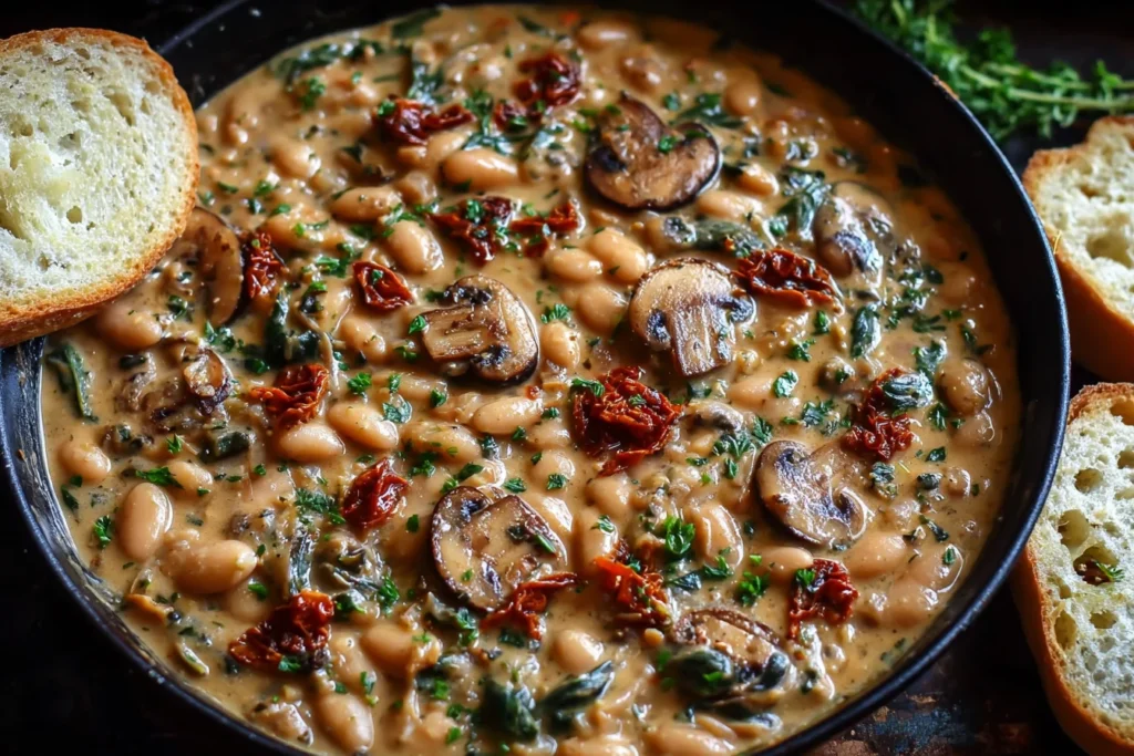 Creamy White Bean and Mushroom Skillet in a cast-iron pan with sautéed mushrooms, spinach, sun-dried tomatoes, and crusty bread.