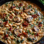 Creamy White Bean and Mushroom Skillet in a cast-iron pan with sautéed mushrooms, spinach, sun-dried tomatoes, and crusty bread.