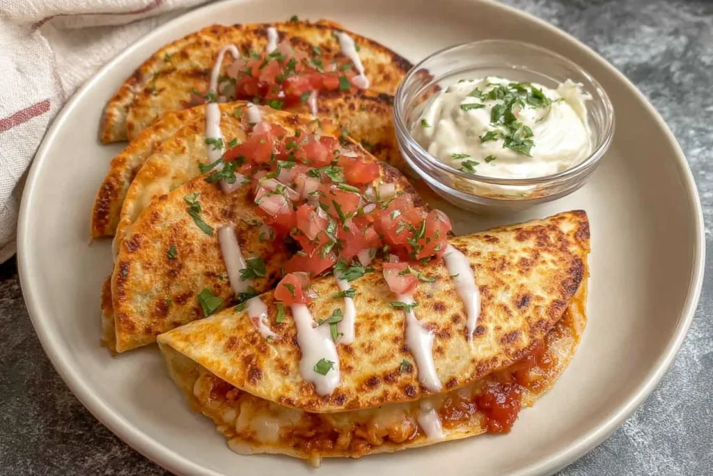 Buffalo White Bean Tacos folded and pan-fried until crispy, topped with pico de gallo and cilantro, served with sour cream dip.