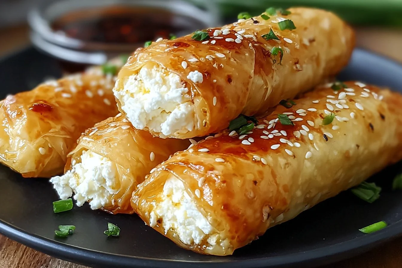 Oven-Fried Feta Rolls with Chili Honey on a dark plate—golden crispy phyllo rolls filled with creamy feta, topped with sesame and herbs.