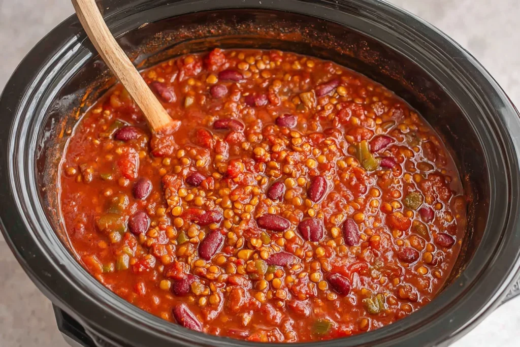 Crock Pot Lentil Chili simmering in a slow cooker with kidney beans, lentils, tomatoes, and peppers, ready to serve.
