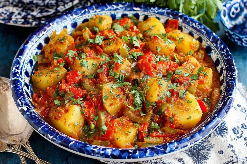 Homemade Dopiazeh Aloo (Persian Potato Curry) with tomatoes, peppers, and herbs