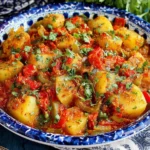 Homemade Dopiazeh Aloo (Persian Potato Curry) with tomatoes, peppers, and herbs