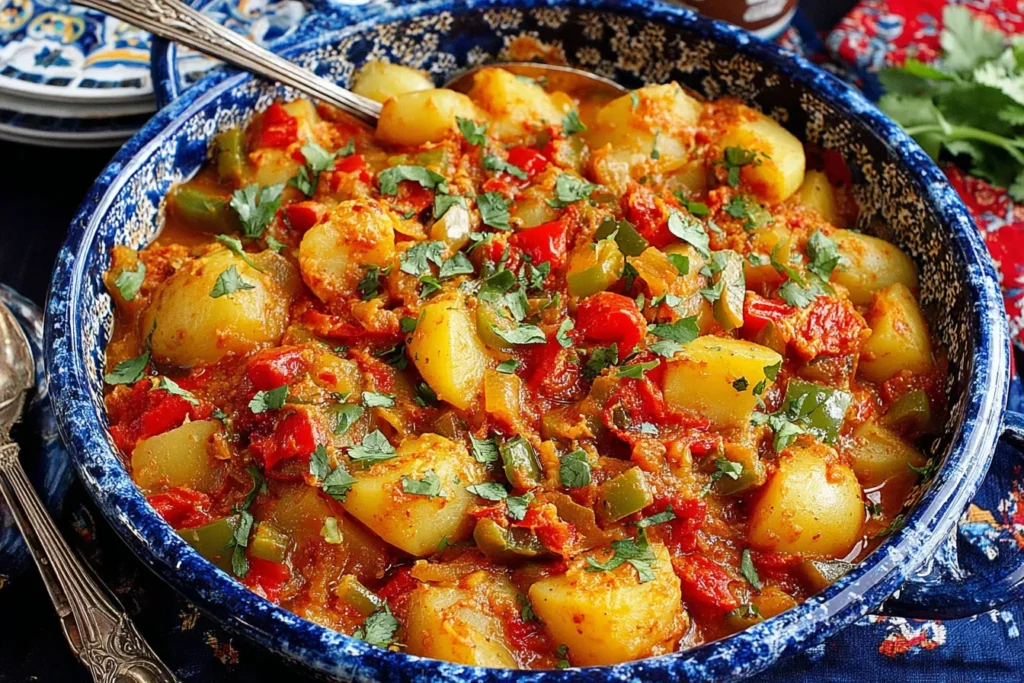 Dopiazeh Aloo (Persian Potato Curry) served in a blue ceramic bowl with fresh cilantro garnish