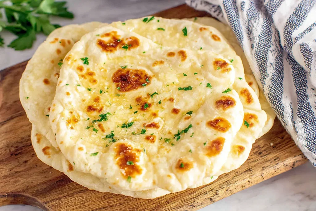 Easy Flatbread Recipe served warm with garlic butter and parsley on a wooden board