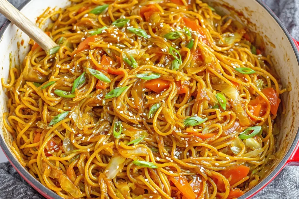 Easy One-Pot Teriyaki Noodles Recipe cooking in a large pot with cabbage, carrots, and sesame garnish