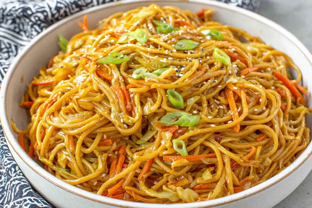 Easy One-Pot Teriyaki Noodles Recipe served in a bowl with cabbage, carrots, sesame seeds, and green onions