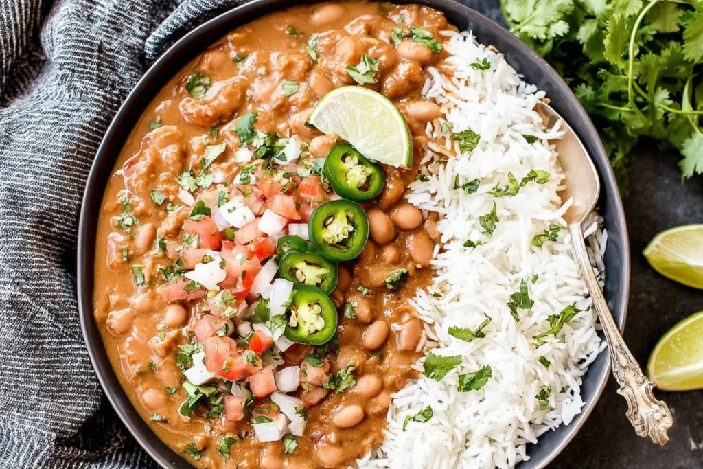 Easy Pinto Beans Recipe topped with pico de gallo, jalapeños, and lime over rice