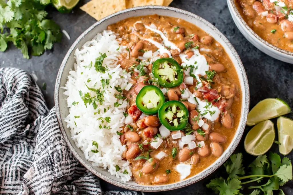 Easy Pinto Beans Recipe served creamy with white rice, jalapeños, and fresh cilantro