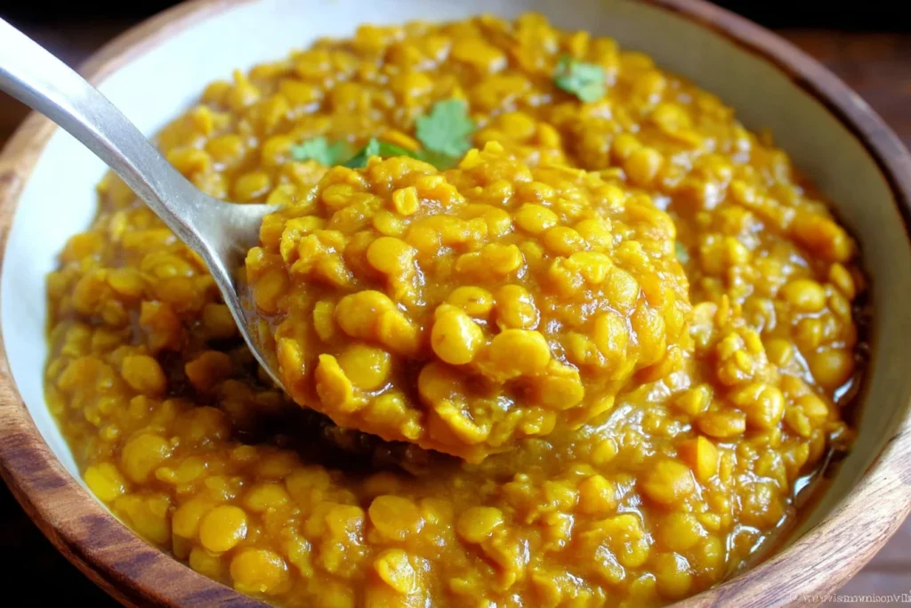 Easy Split Pea Curry close-up on a spoon, showing thick golden split peas simmered with warm spices in a bowl.
