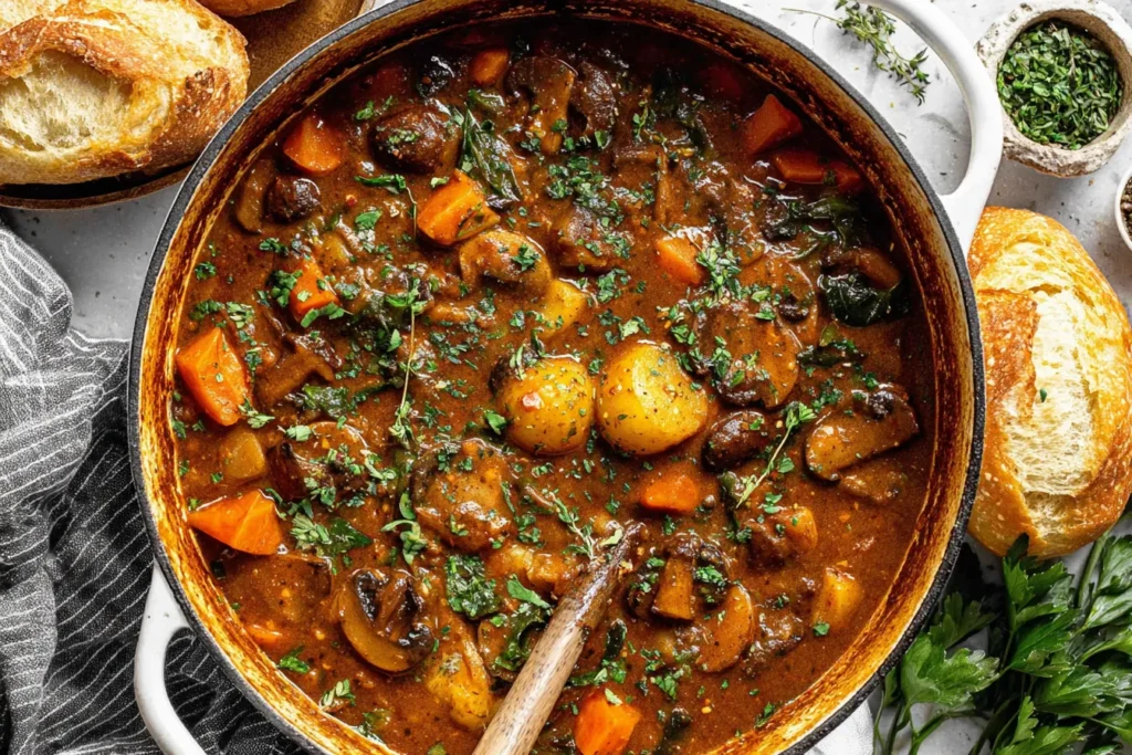 Easy Vegetable Stew Recipe simmering in a rustic pot with mushrooms, potatoes, and carrots