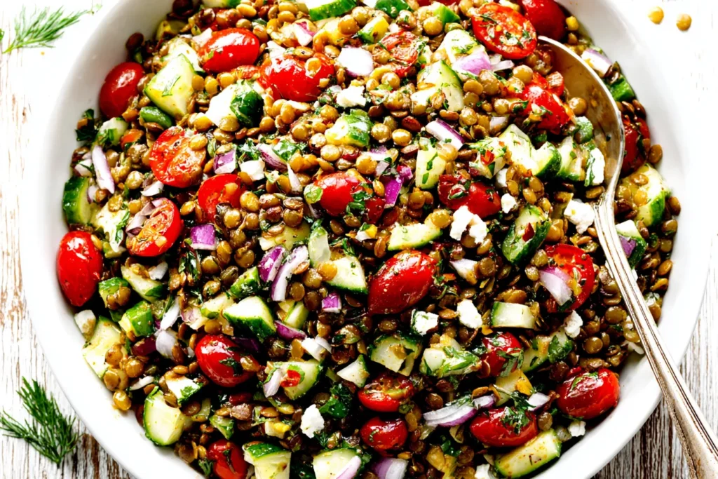 Favorite Lentil Salad with cucumber, tomatoes, and herbs in a white bowl