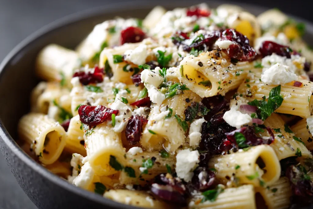 Feta & Cranberry Rigatoni Salad with Lemon Vinaigrette in a dark serving bowl with herbs and cracked black pepper