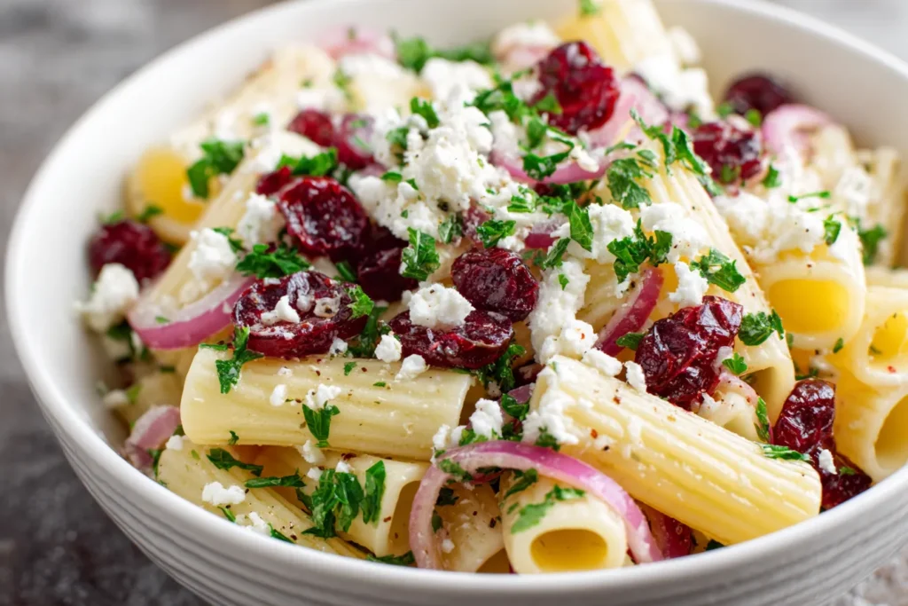 Close-up of Feta & Cranberry Rigatoni Salad with Lemon Vinaigrette topped with feta crumbles and fresh parsley