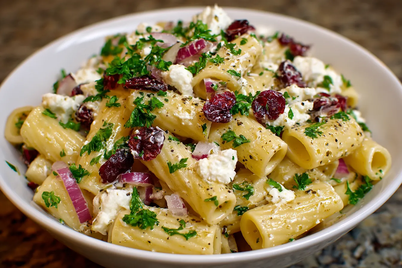 Feta & Cranberry Rigatoni Salad with Lemon Vinaigrette served in a white bowl with parsley, red onion, and dried cranberries