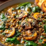 French Lentil and Mushroom Soup Recipe served hot with spinach, mushrooms, and crusty toasted bread