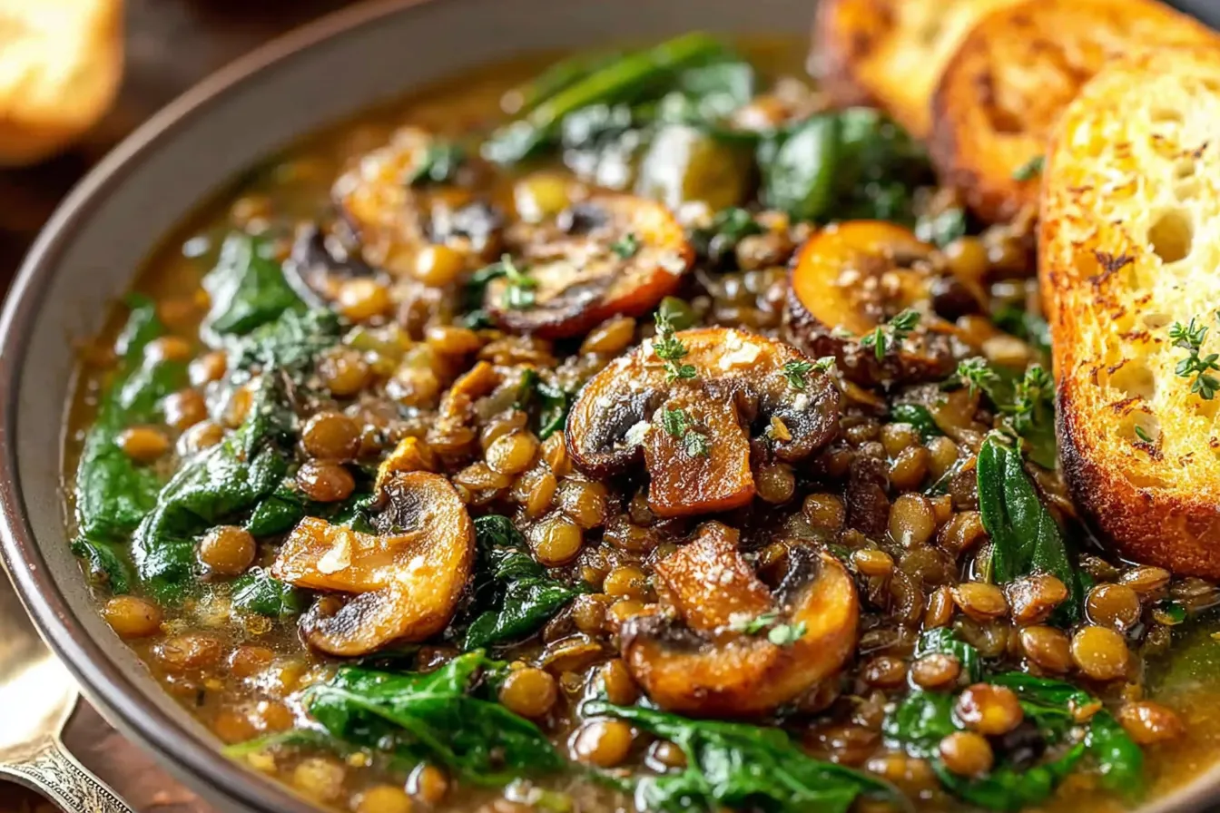 French Lentil and Mushroom Soup Recipe served hot with spinach, mushrooms, and crusty toasted bread