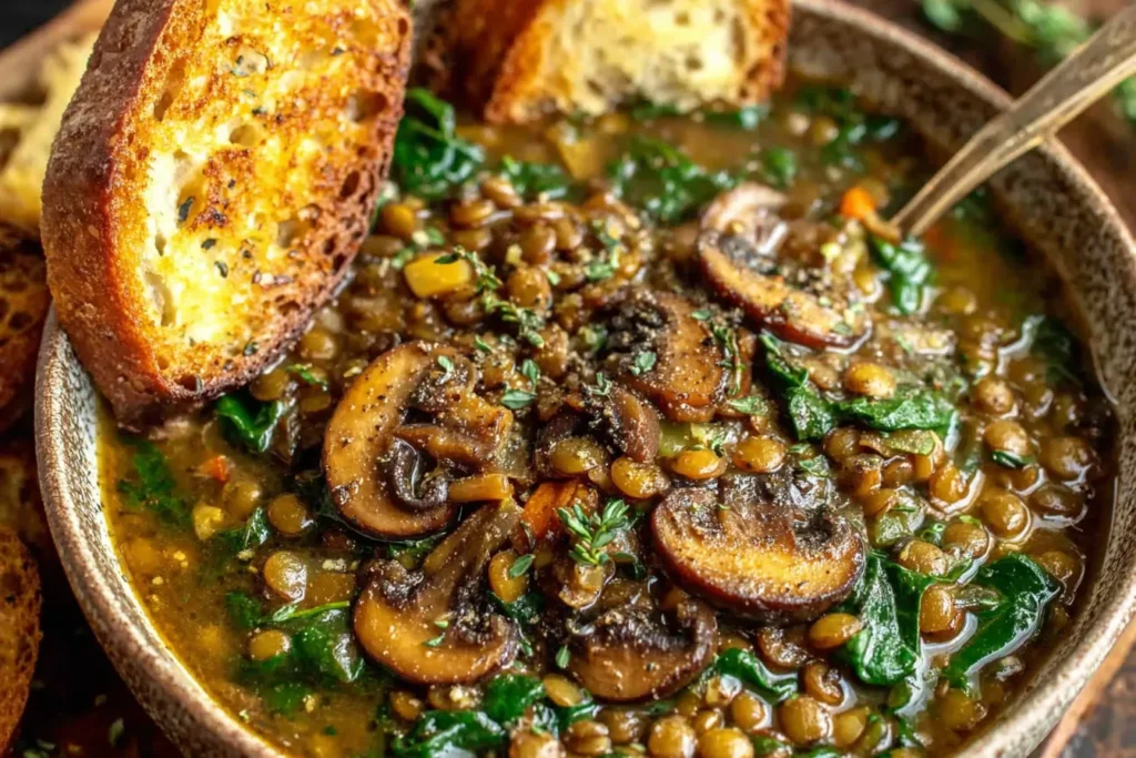 French Lentil and Mushroom Soup Recipe with sautéed mushrooms, green lentils, and herbs served with toasted bread