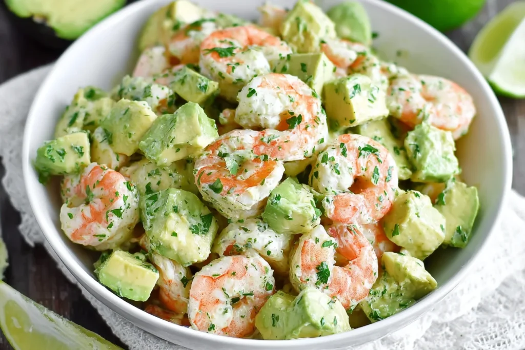 Avocado Shrimp Salad in a white bowl with juicy shrimp, creamy diced avocado, and fresh herbs tossed in a zesty lime dressing.