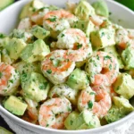 Avocado Shrimp Salad in a white bowl with juicy shrimp, creamy diced avocado, and fresh herbs tossed in a zesty lime dressing.