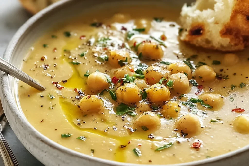 Creamy Garlic Chickpea Soup in a bowl with whole chickpeas, chopped herbs, red pepper flakes, cracked black pepper, and olive oil, served with crusty bread.