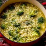 Homemade Garlic Italian Broccoli Soup with parmesan and herbs in red Dutch oven
