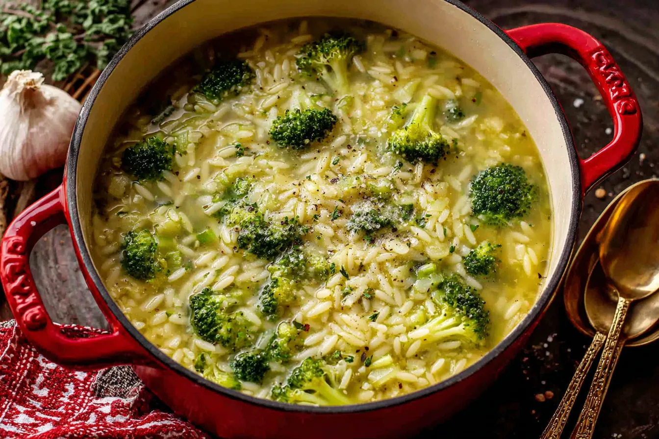 Homemade Garlic Italian Broccoli Soup with parmesan and herbs in red Dutch oven