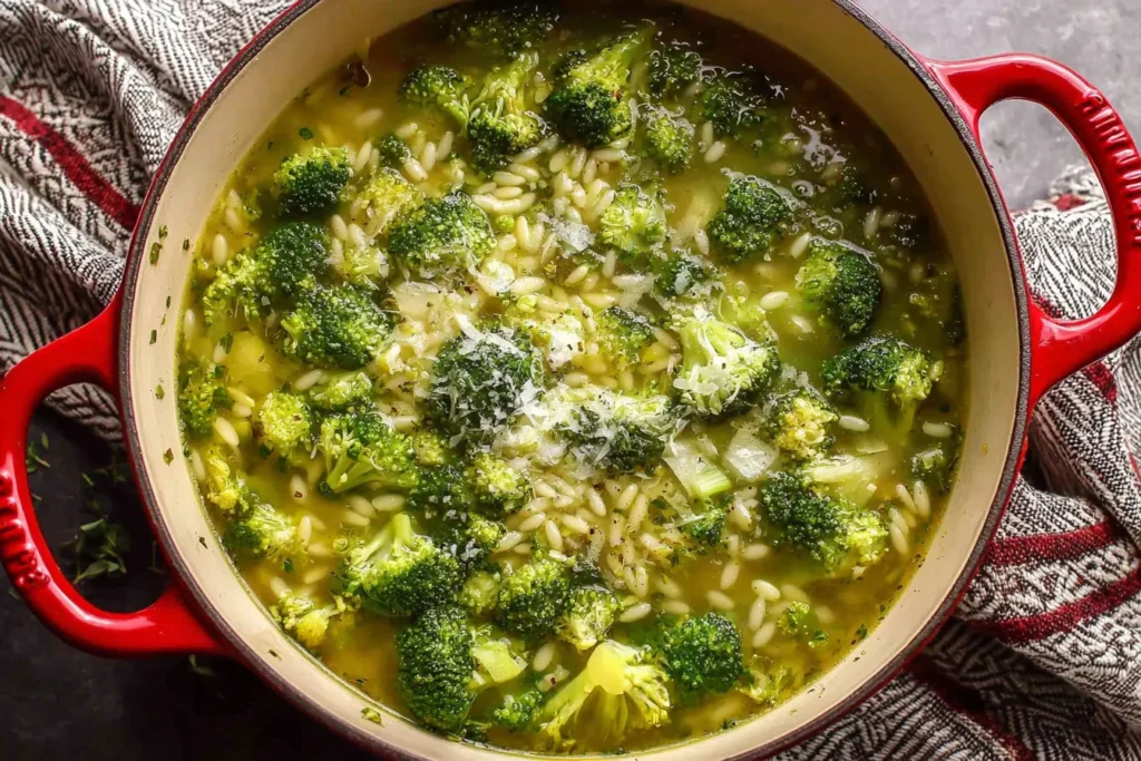Garlic Italian Broccoli Soup with orzo, parmesan, and olive oil in a red Dutch oven