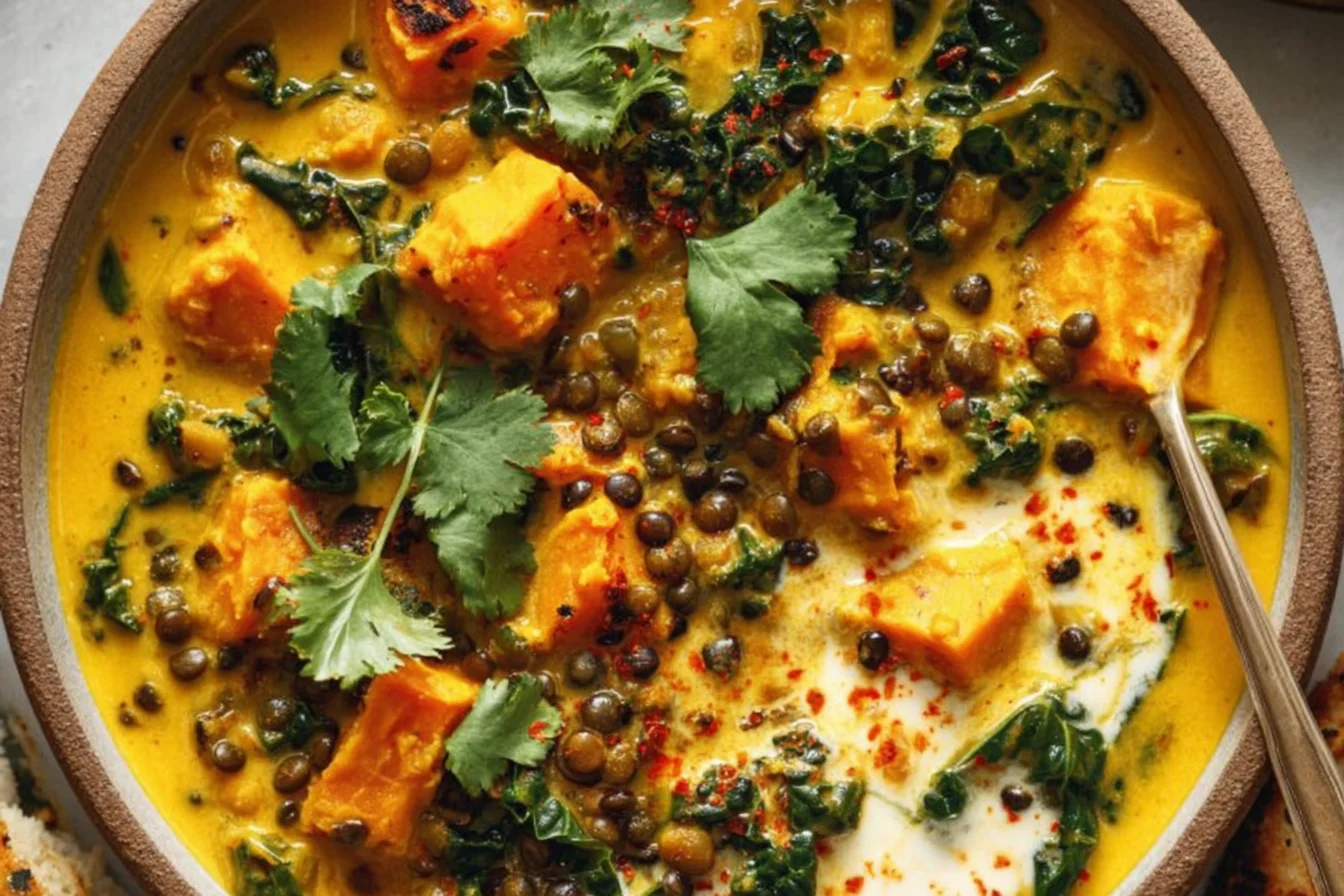 Creamy Ginger Sweet Potato and Coconut Milk Stew with lentils and kale, topped with cilantro and chili flakes in a rustic bowl.