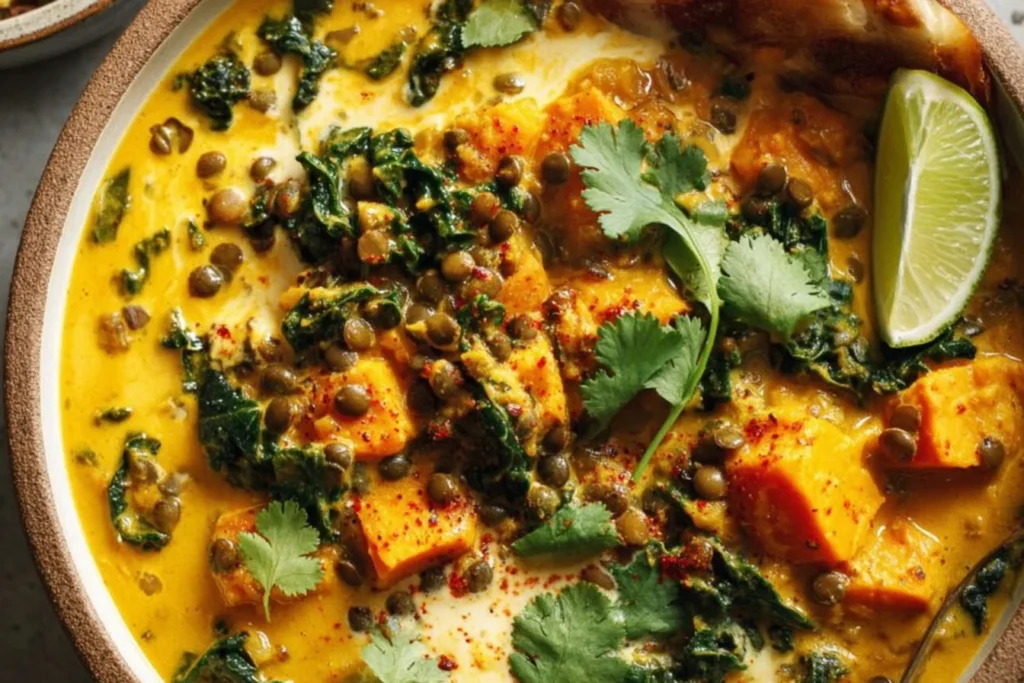 Close-up of Ginger Sweet Potato and Coconut Milk Stew with lentils and kale, finished with cilantro, chili flakes, and a lime wedge.
