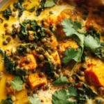 Close-up of Ginger Sweet Potato and Coconut Milk Stew with lentils and kale, finished with cilantro, chili flakes, and a lime wedge.