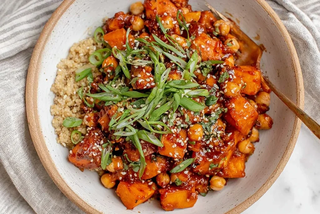 Gochujang Potatoes and Chickpeas over quinoa in a bowl, topped with scallions, parsley, and sesame seeds
